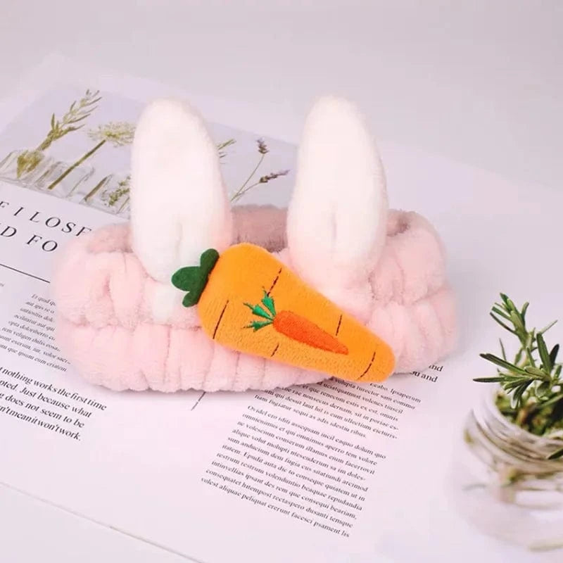 15 Carrot Light Pink Rabbit Ear Elastic Headband Custom Logo OMG Bowknot Wash Face Hairband Rabbit Cat Ear Cute Plush Lady Soft Women Elastic Hair Band Flannel Make up Headbands