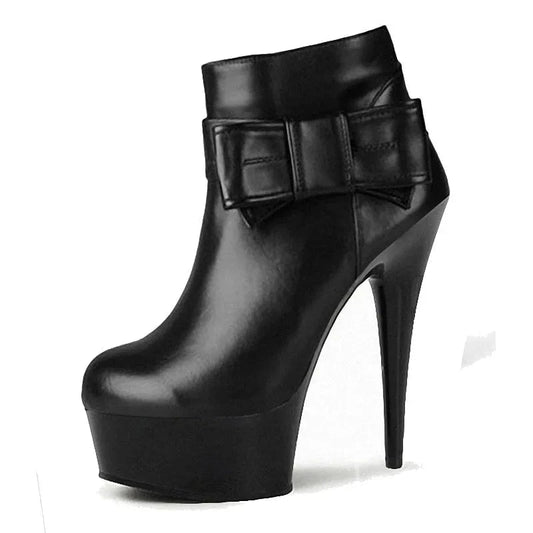 15 cm thin Heel Black Bow 6 inch high heel short boots bar strip dance alternative women's high heels