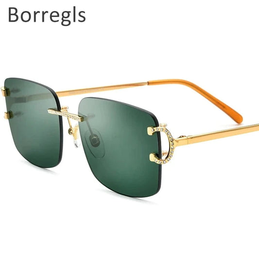 150249 Gold Dark green Borregls Oversize Rimless Sunglasses Women New Brand Design Fashion High Quality Alloy Sun Glasses Men with Nylon Lens 150249