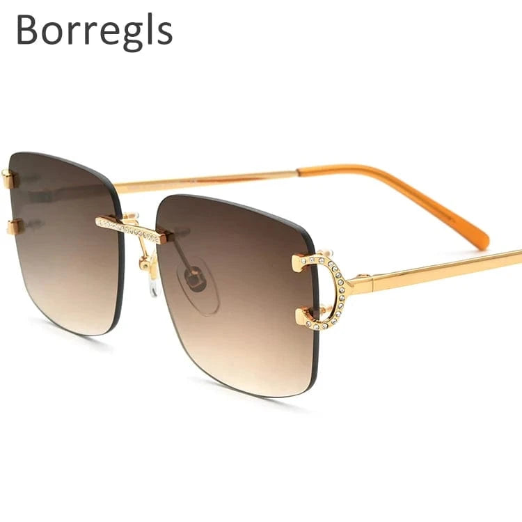 150249 Gold Tea Borregls Oversize Rimless Sunglasses Women New Brand Design Fashion High Quality Alloy Sun Glasses Men with Nylon Lens 150249