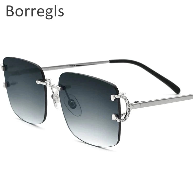 150249 Silver Gray Borregls Oversize Rimless Sunglasses Women New Brand Design Fashion High Quality Alloy Sun Glasses Men with Nylon Lens 150249