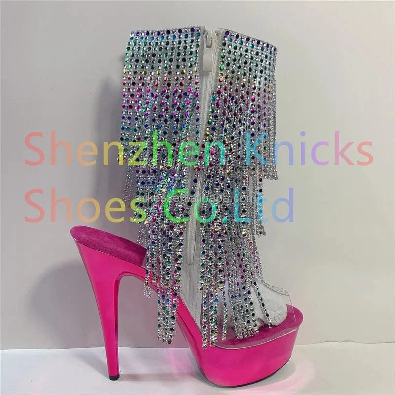 15cm sexy tassel autumn/winter thin heel high heel back lace-up steel pipe dance shoes