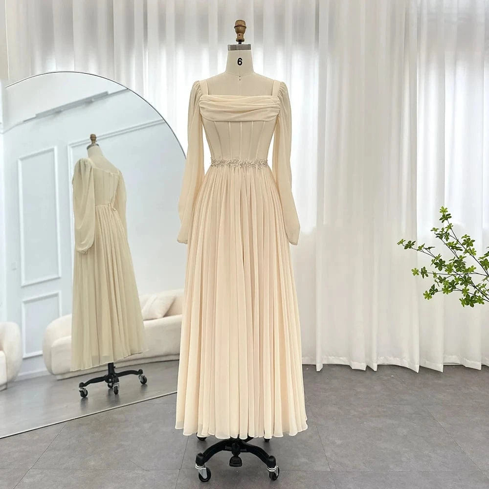 16 / 1 Dubai Beige Short Midi Arabic Evening Dress With Belt Long Sleeves Tea Length Women Formal Wedding Party Gowns Scz136-2