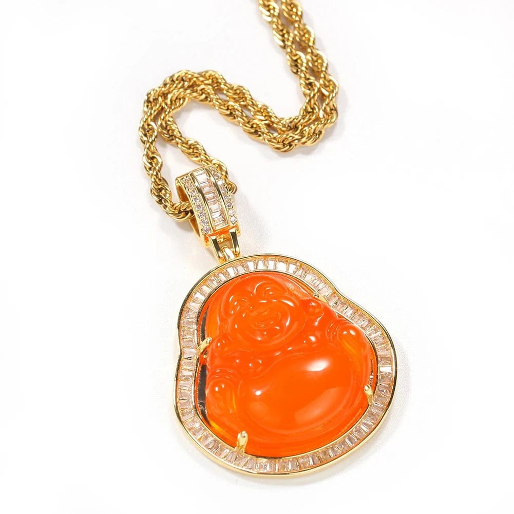 16''/18''/20''/22''/24'' Rope Chain / Gold+Orange Hip Hop Iced Out Pink Green Red Agate Jade Buddha Pendant for Women Men Necklace Baguette CZ Rapper Jewelry buddha necklace