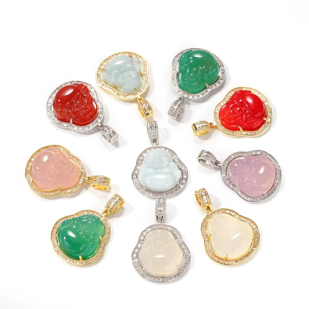 16''/18''/20''/22''/24'' Rope Chain / Gold+Red Hip Hop Iced Out Pink Green Red Agate Jade Buddha Pendant for Women Men Necklace Baguette CZ Rapper Jewelry buddha necklace