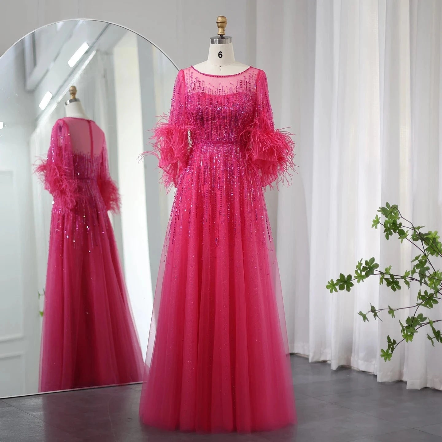 16 / 2 Luxury Feathers Black Dubai Evening Dresses For Women Elegant Fuchsia Arabic Half Sleeve Wedding Party Dress Sz339