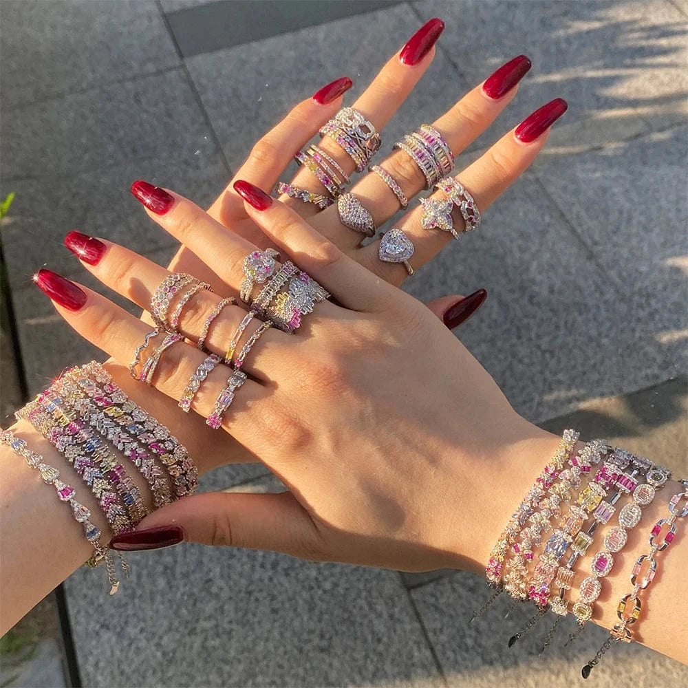 16+2cm / DY150216-S-W-CS Dylam Trending Design Fine Jewelry 925 Sterling Silver Rhodium Plated 5A Zirconia Colorful Multiple Color Baguette Bracelet