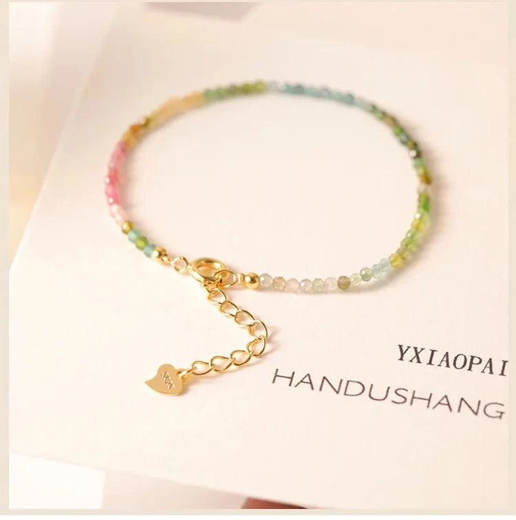 16+4cm Rainbow tourmaline 2.5mm small tourmaline bracelet Small beads temperament Chinese style woven s925 silver fashion hand jewelry