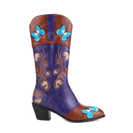 16 / Blue-brown BUSY GIRL Purple Leather Cowboy Boots Winter Women Shoes Blue Embroidery Butterfly Chunky High Heels Mid Calf High Quality Lady