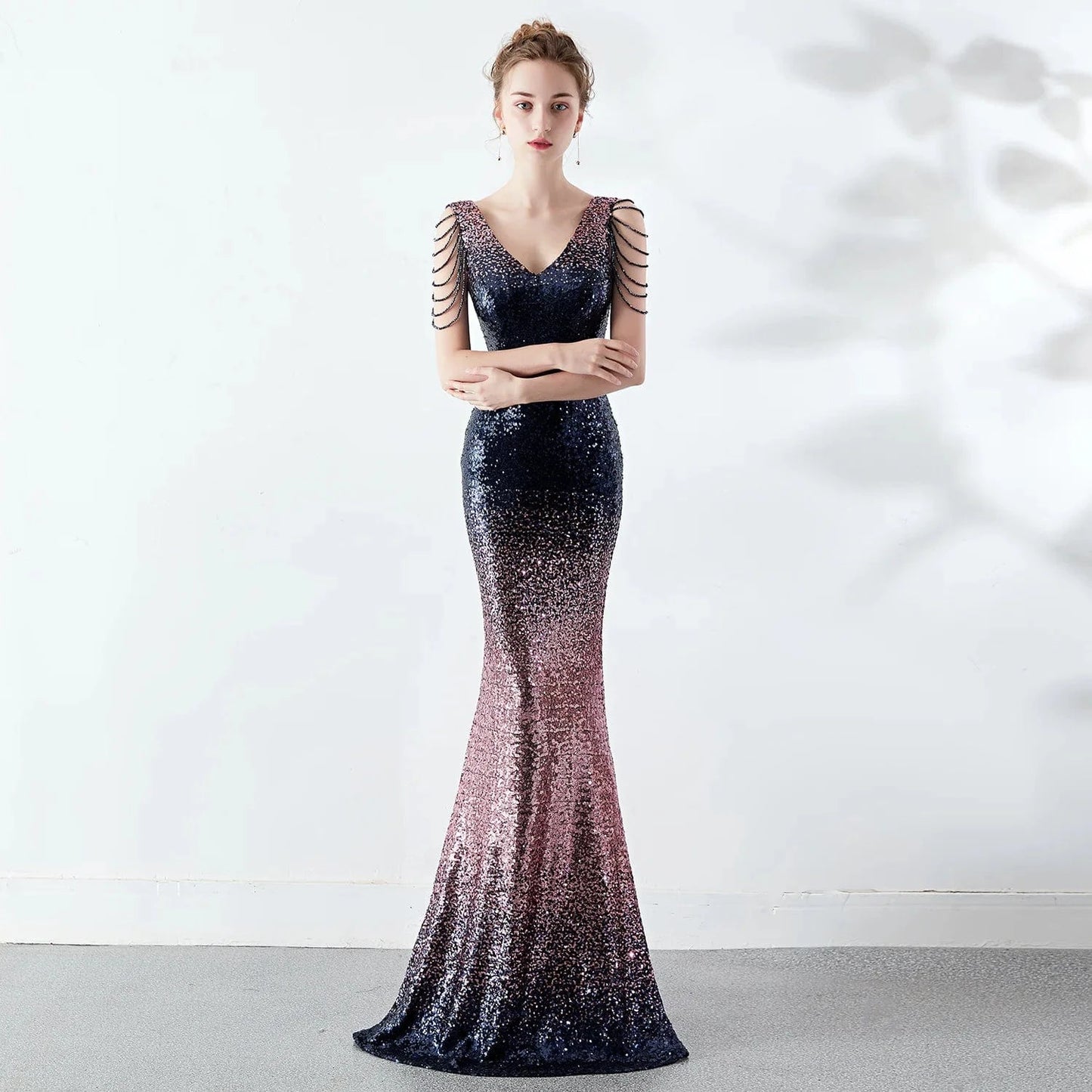 16180#6 2024 New Women Annual Party Hosting Club Evening Gradient Crystal Chain Sexy Slim-fit Party Dress