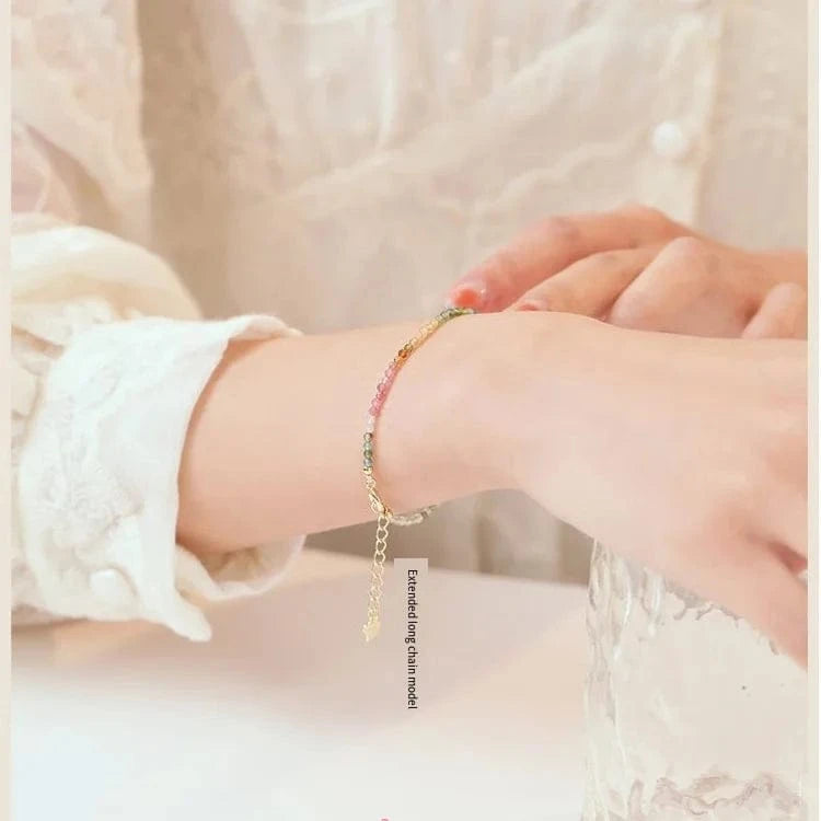 16cm Rainbow tourmaline 2.5mm small tourmaline bracelet Small beads temperament Chinese style woven s925 silver fashion hand jewelry