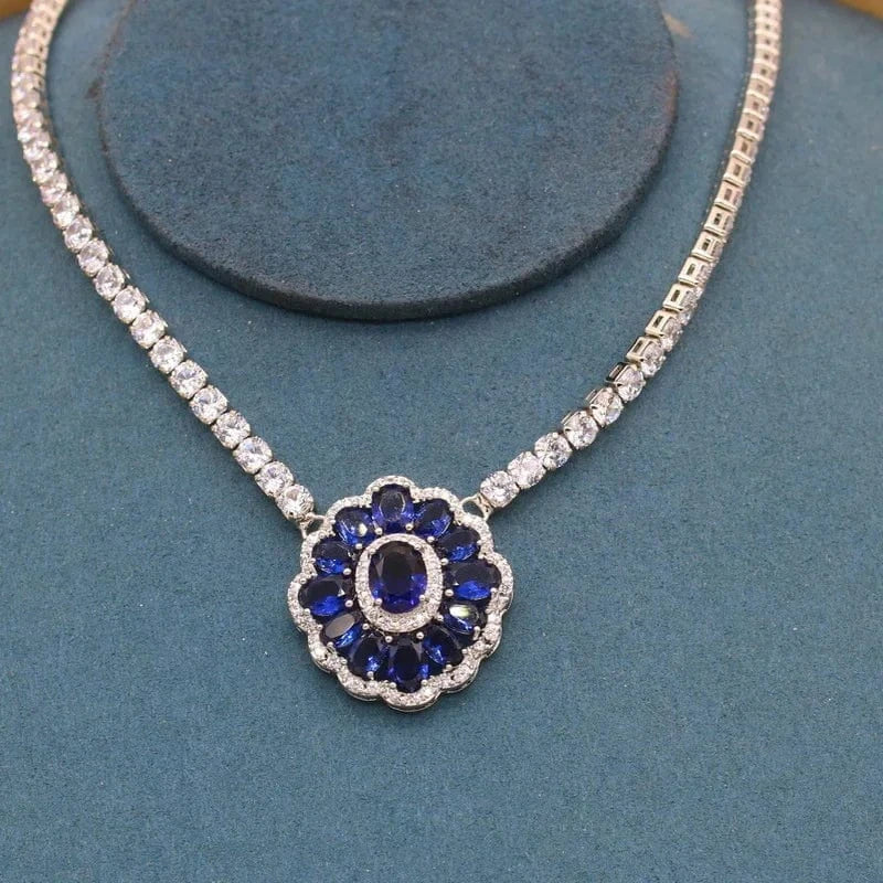 16inches / Blue Luxurious Olive Green Blue White Zircon 40cm Necklace for Women Wedding Silver Jewelry