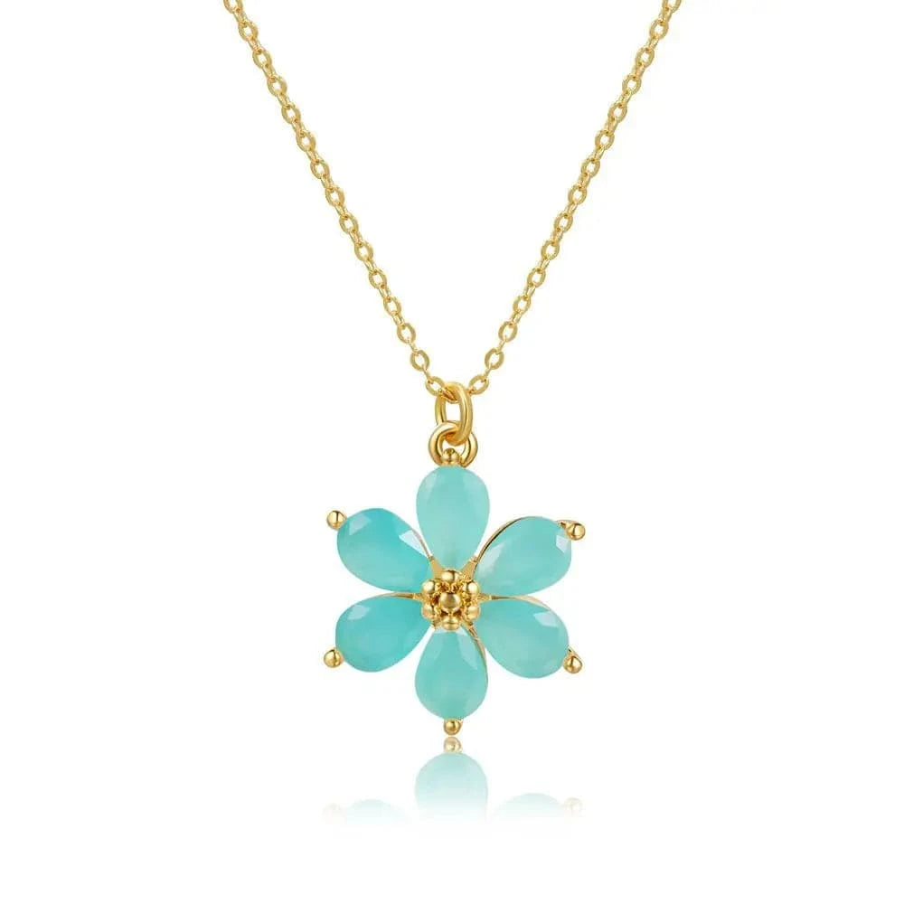 16inches / Light Blue SP Korean Style 18k Gold Zircon Flower Pendant Jewelry Necklace For Women