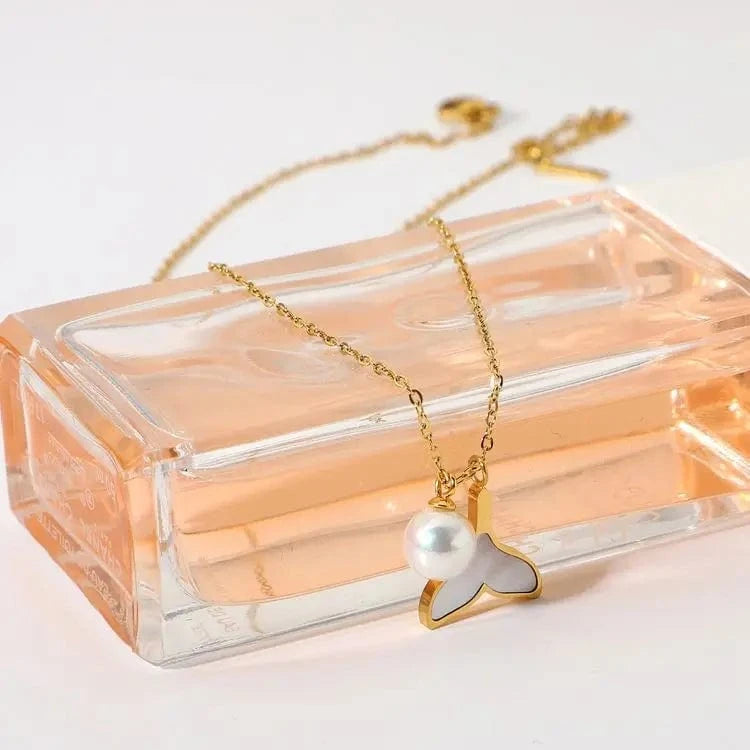16inches / N2444 N2444 Korean Design Women 18K Gold Chain Stainless Steel Jewelry Shell Mermaid Tail Pearl Pendant Necklace For Ladies Gift