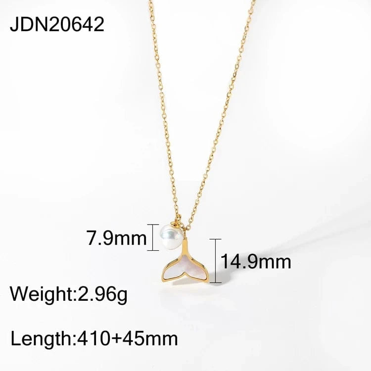 16inches / N2444 N2444 Korean Design Women 18K Gold Chain Stainless Steel Jewelry Shell Mermaid Tail Pearl Pendant Necklace For Ladies Gift