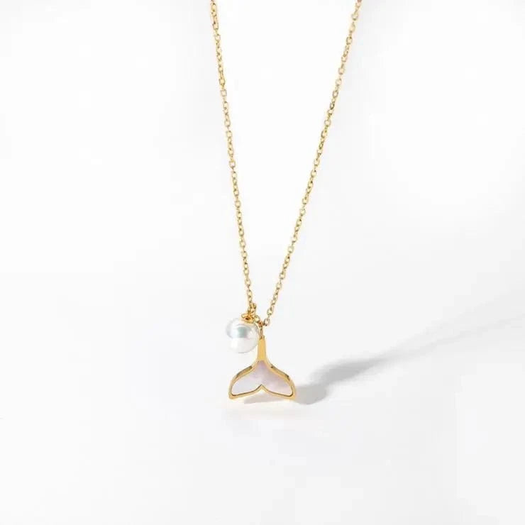 16inches / N2444 N2444 Korean Design Women 18K Gold Chain Stainless Steel Jewelry Shell Mermaid Tail Pearl Pendant Necklace For Ladies Gift