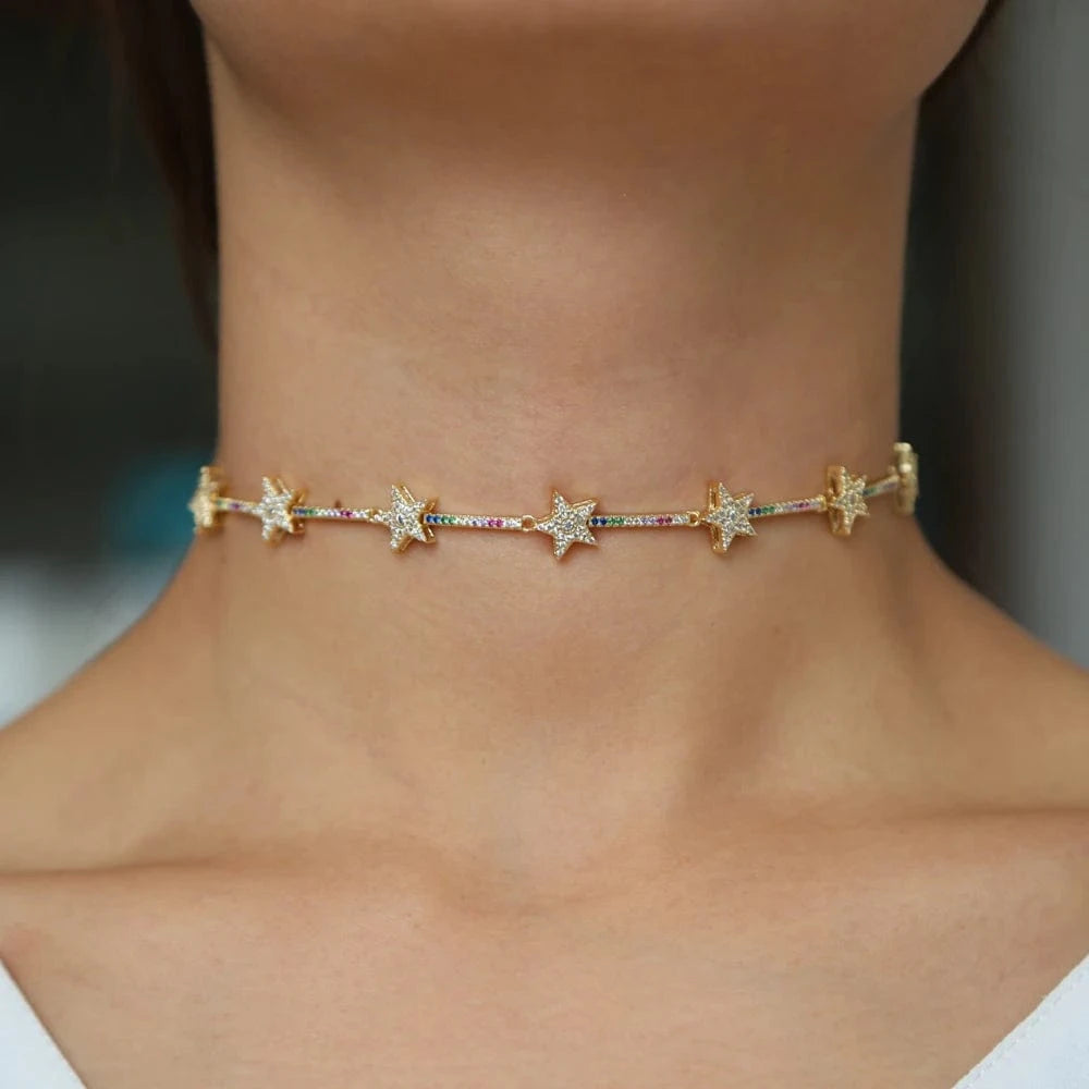 16inches / N326-Gold Jewelry Choker Necklace Cute CZ Paved Star bar rainbow Colorful Gold Plated European Christmas Gift Women Jewelry