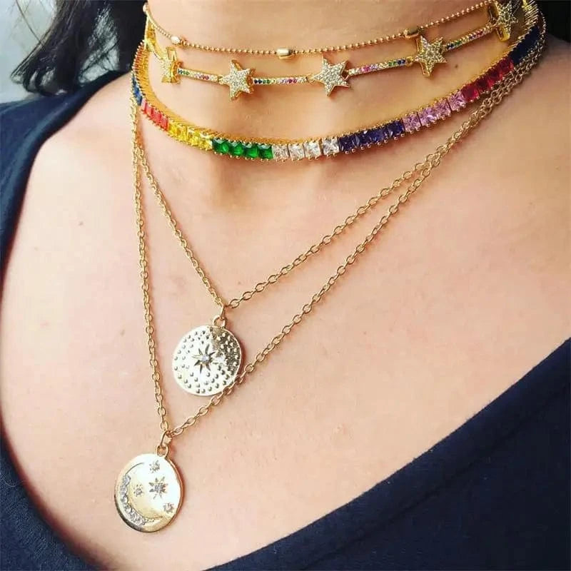 16inches / N326-Gold Jewelry Choker Necklace Cute CZ Paved Star bar rainbow Colorful Gold Plated European Christmas Gift Women Jewelry
