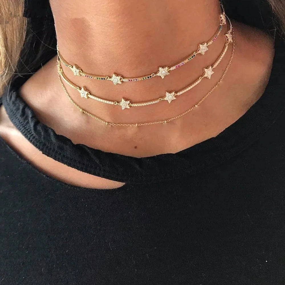 16inches / N326-Gold Jewelry Choker Necklace Cute CZ Paved Star bar rainbow Colorful Gold Plated European Christmas Gift Women Jewelry