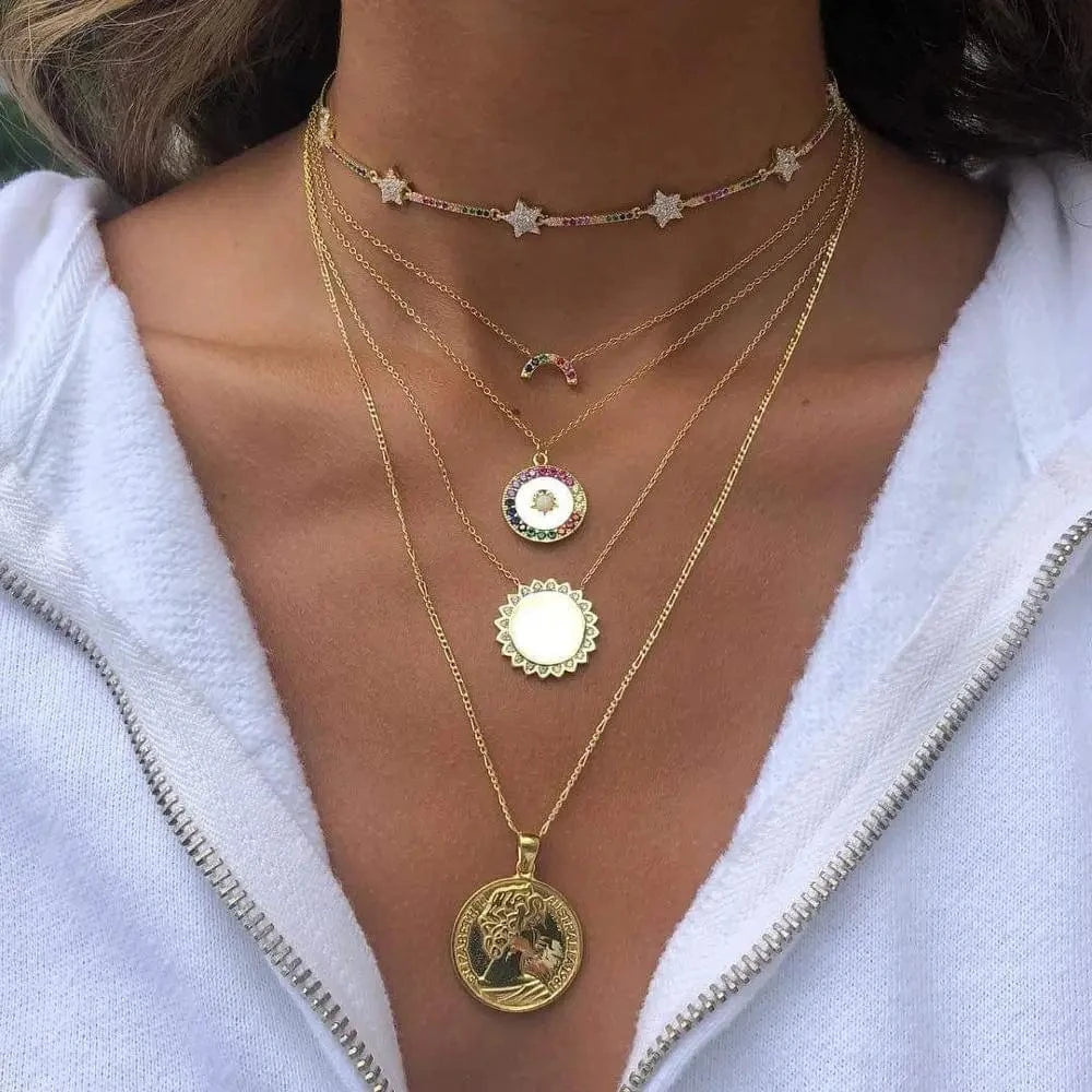 16inches / N326-Gold Jewelry Choker Necklace Cute CZ Paved Star bar rainbow Colorful Gold Plated European Christmas Gift Women Jewelry