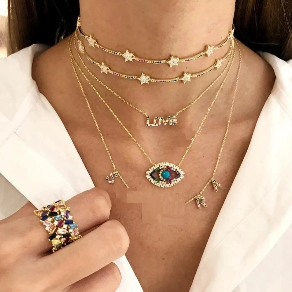 16inches / N326-Gold Jewelry Choker Necklace Cute CZ Paved Star bar rainbow Colorful Gold Plated European Christmas Gift Women Jewelry