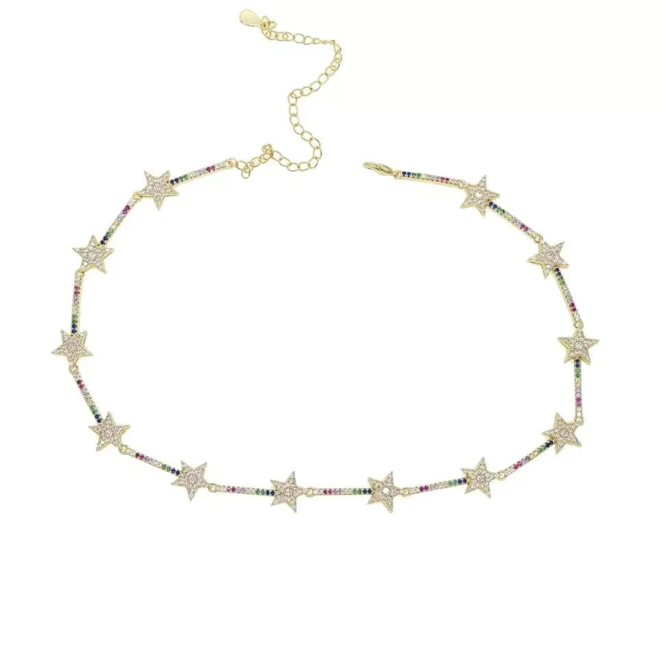 16inches / N326-Gold Jewelry Choker Necklace Cute CZ Paved Star bar rainbow Colorful Gold Plated European Christmas Gift Women Jewelry