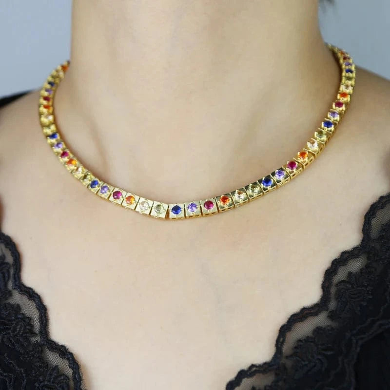 16inches / YN43-Gold Rainbow Colorful Round Diamond Square Tennis Necklace 5A Cubic Zirconia CZ 18K Gold Plated Fashion fine Design Jewelry