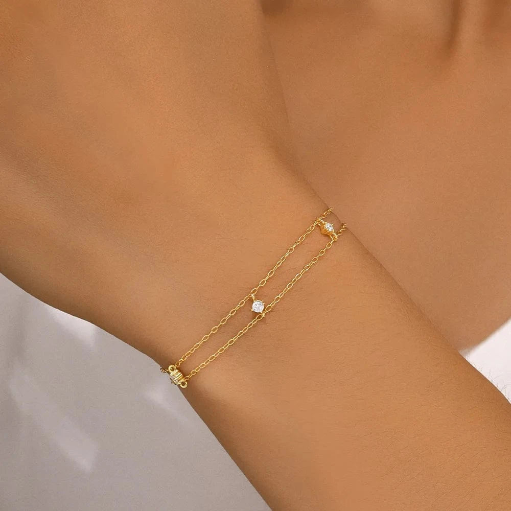 17cm+3cm / 60602711487C gold Fine jewelry 925 sterling silver double layer zircon chain bracelet for women 18K gold plated 925 silver bracelet hand jewelry