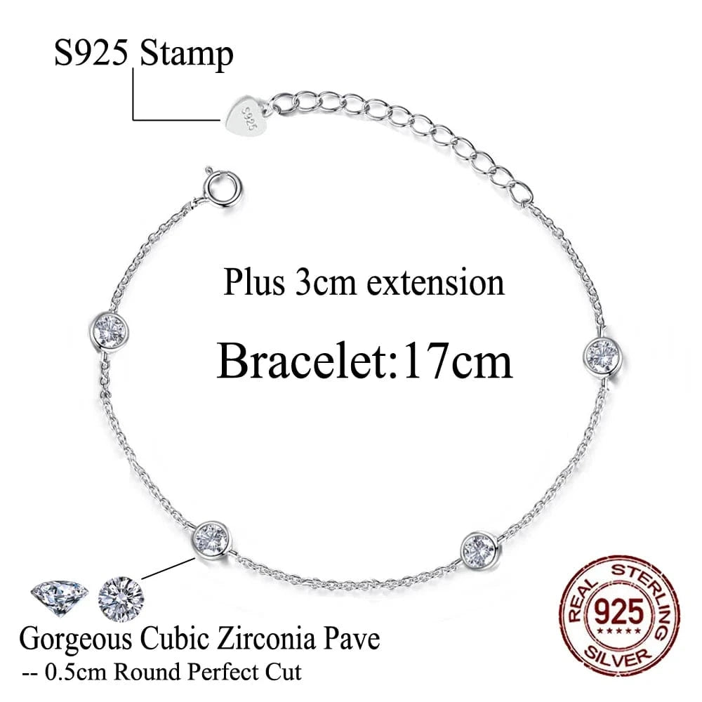 17cm +3cm extension / SB023 Wholesale Price Bezel Setting CZ Zircon Bangle 9.25 Sterling Silver Fine Jewelry Plus Size Chain Charm Bracelet for Ladies