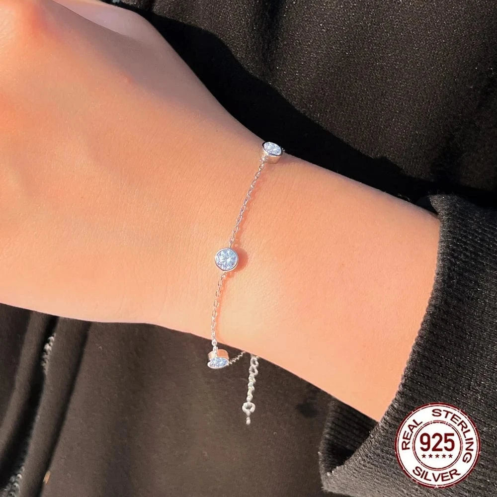 17cm +3cm extension / SB023 Wholesale Price Bezel Setting CZ Zircon Bangle 9.25 Sterling Silver Fine Jewelry Plus Size Chain Charm Bracelet for Ladies