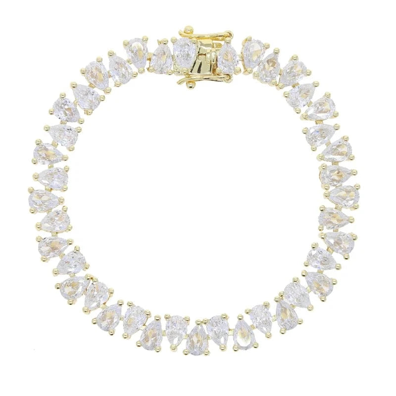 17cm / B398-Gold 18K Gold Plated 3 Prong Setting Water Drop Tear Drop Zircon Tennis Chain Bracelet CZ Iced Out Diamond Crystal Women Jewelry