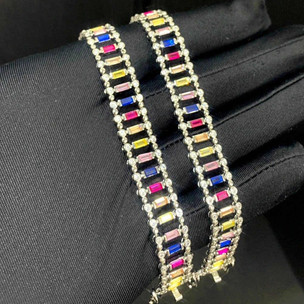17cm / B403-silver Bling Silver Plated Colorful Rectangle Heart Tennis Chain Bracelet 5A Cubic Zirconia CZ Rainbow Fashion Women Jewelry