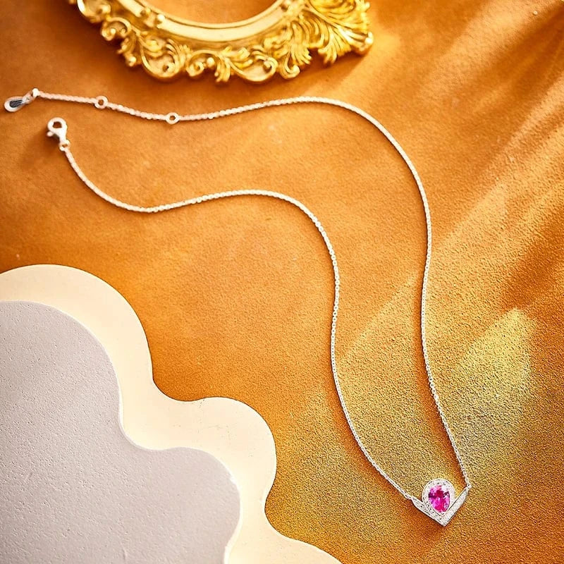 17iches / platinum Elegant Women's S925 Silver Plated 18K Gold Adjustable Red V-Shape Personalized Short Necklace Daily Trendy Fine Jewelry