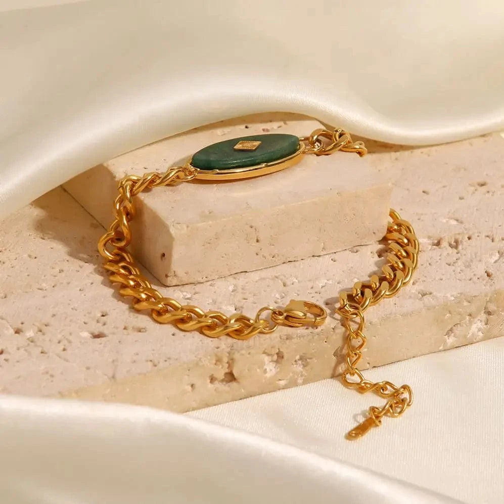 18.5cm / BR1015 BR1015 Retro 18k Gold Plated Stainless Steel Bracelets Jewelry Waterproof Cuban Chain Natural Jade Bracelet for Girls
