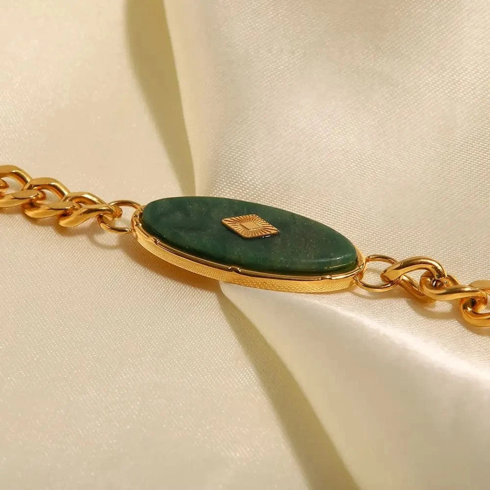 18.5cm / BR1015 BR1015 Retro 18k Gold Plated Stainless Steel Bracelets Jewelry Waterproof Cuban Chain Natural Jade Bracelet for Girls