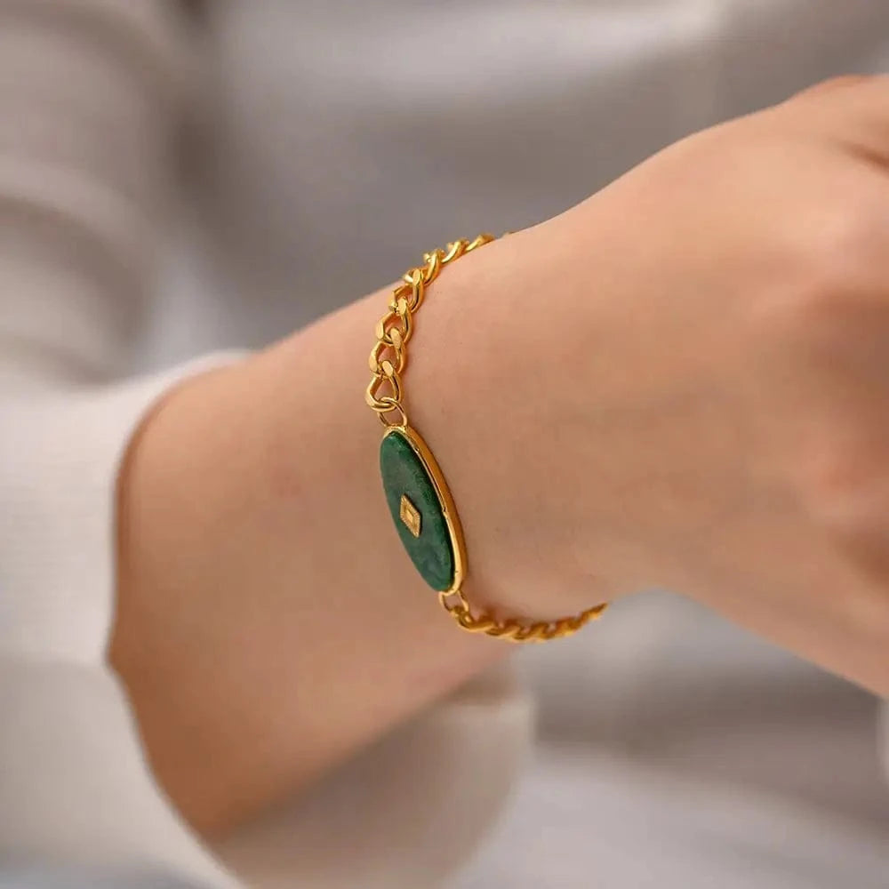 18.5cm / BR1015 BR1015 Retro 18k Gold Plated Stainless Steel Bracelets Jewelry Waterproof Cuban Chain Natural Jade Bracelet for Girls