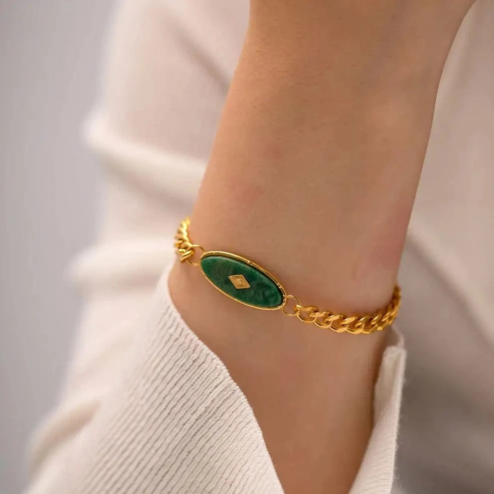 18.5cm / BR1015 BR1015 Retro 18k Gold Plated Stainless Steel Bracelets Jewelry Waterproof Cuban Chain Natural Jade Bracelet for Girls