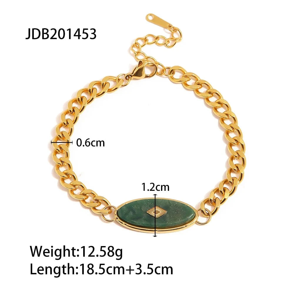 18.5cm / BR1015 BR1015 Retro 18k Gold Plated Stainless Steel Bracelets Jewelry Waterproof Cuban Chain Natural Jade Bracelet for Girls
