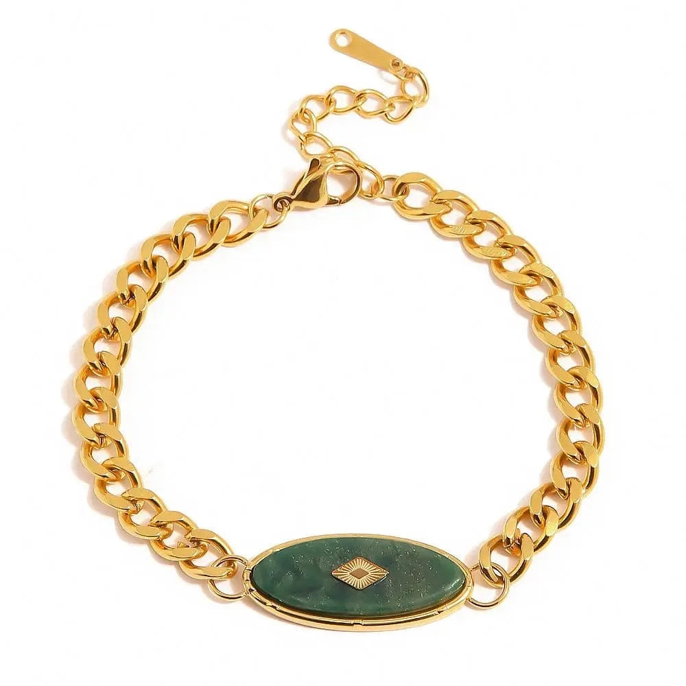 18.5cm / BR1015 BR1015 Retro 18k Gold Plated Stainless Steel Bracelets Jewelry Waterproof Cuban Chain Natural Jade Bracelet for Girls