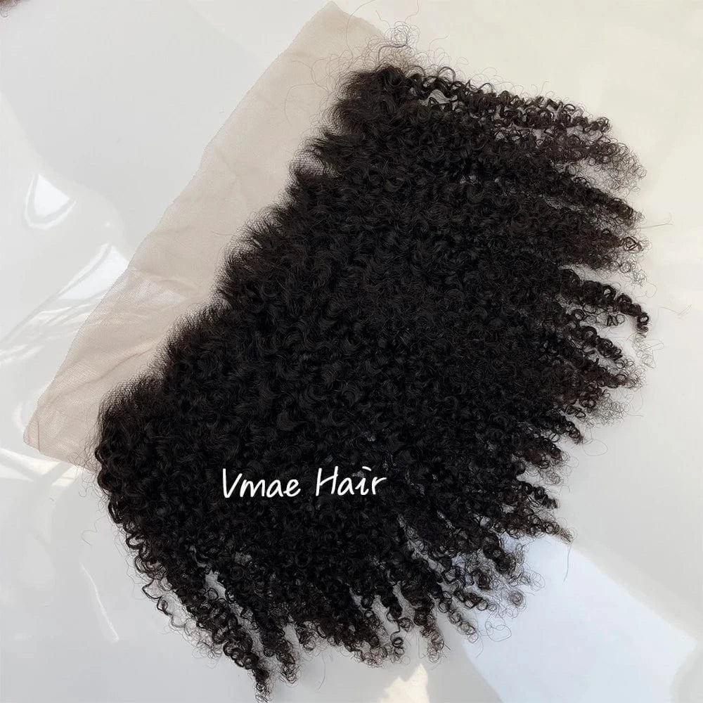 18 Inches / Afro Kinky Curly C 13*4 frontal VMAE Raw Deep Afro Kinky Curly Wavy Bundles Cuticle Aligned Human Hair with Frontal and Closure Baby Hair Styles 3B Wave Curl