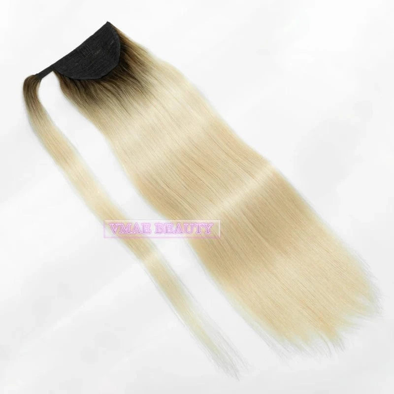 18 Inches / T#2/613 VMAE 100g Raw Remy Cuticle Aligned European Hair Ombre Color Dark Rooted Straight Wrap Around Ponytail Human Hair Extensions