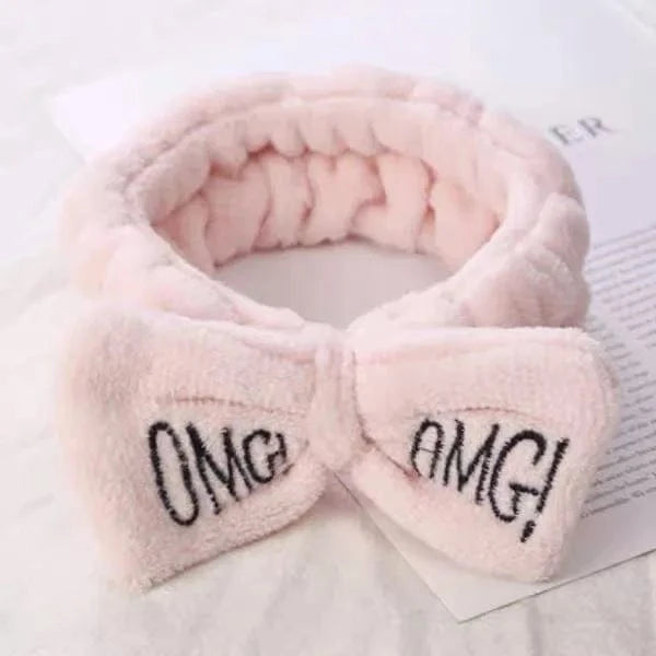 18 Light Pink OMG Elastic Headband Custom Logo OMG Bowknot Wash Face Hairband Rabbit Cat Ear Cute Plush Lady Soft Women Elastic Hair Band Flannel Make up Headbands