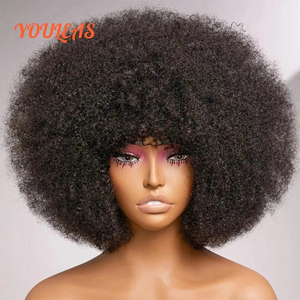 180% / 12inches Afro Kinky Curly Wigs Human Hair Wigs With Bangs Full Machine Wigs Short Wigs For Woman Natural Color Curly Wigs Ready To Wear