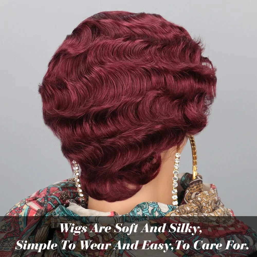 180% Density Glueless Brazilian Ocean Wave Human Hair Wig Burgundy 99J Colored Short Pixie Cut Loose Curly Finger Wave Style