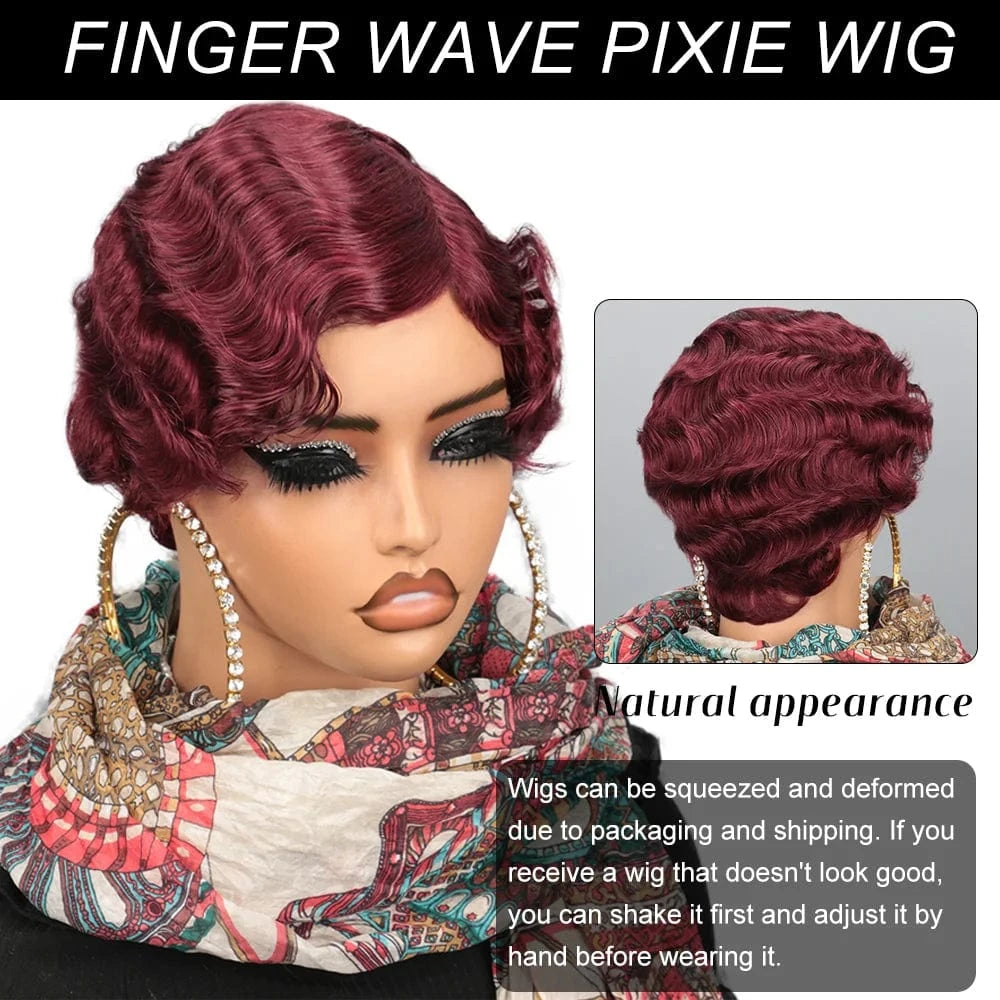 180% Density Glueless Brazilian Ocean Wave Human Hair Wig Burgundy 99J Colored Short Pixie Cut Loose Curly Finger Wave Style