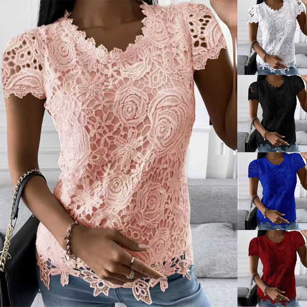 Womens Lace Round Neck Tops T-Shirts Ladies Summer Casual Short Sleeve Blouse Pullover Fashion Clothing For