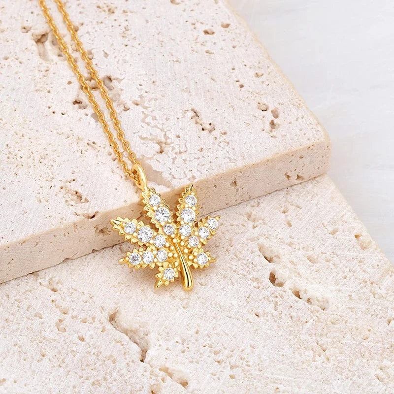 18inches / Gold-white Joacii Fine Jewelry 925 Sterling Silver 18K Gold Plated Maple Leaf Green White Zircon Leaves Pendant Necklace