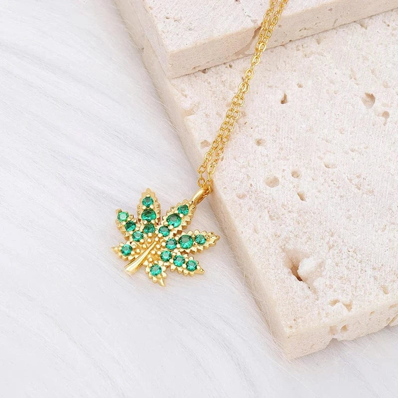 18inches / golf-green Joacii Fine Jewelry 925 Sterling Silver 18K Gold Plated Maple Leaf Green White Zircon Leaves Pendant Necklace
