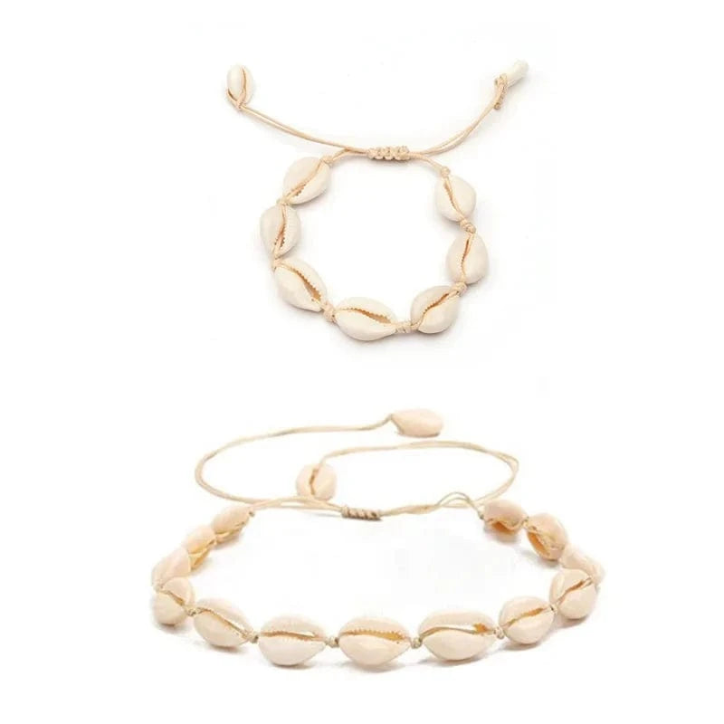 18inches / Khaki set-shell Natural Cowrie Beads Shell Bracelet/Anklet/necklace Handmade Beach bracelet Jewelry Hawaiian Jamaican Style Adjustable for Women