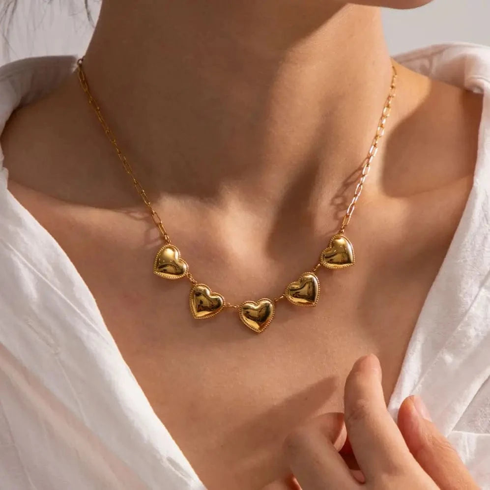 18inches / N2182 N2182 Jewelry 18K Gold Plated Dainty Smooth Link Chain Stainless Steel 5 Charm Heart Pendant Necklace